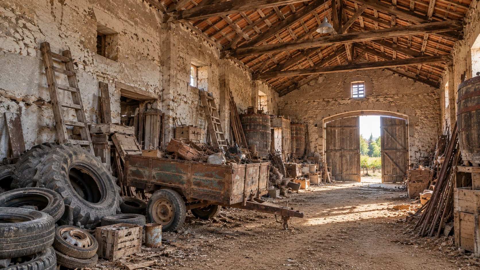 Grange encombrée de pneus, d’une remorque et de tonneaux avant l’intervention de débarras Banchel