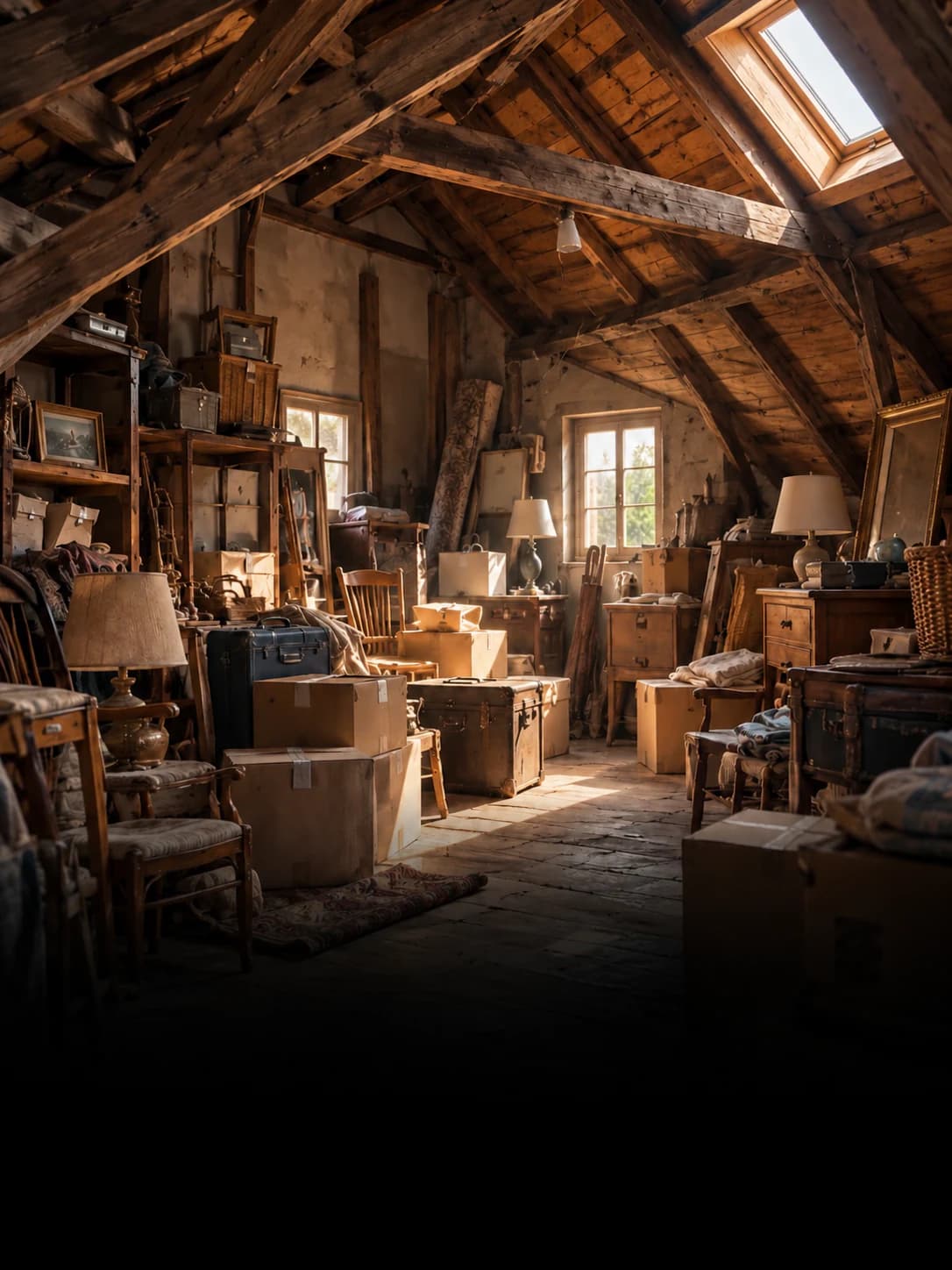 Grenier encombré de cartons et de meubles anciens
